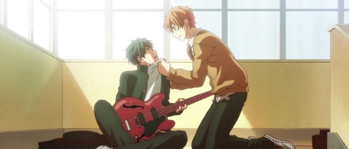 Our two main characters meet in the school stairwell, where Mafuyu perks up after hearing Uenoyama play the guitar.