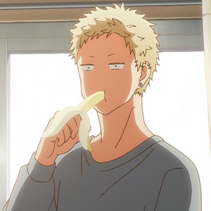 Here's a random screenshot of Akihiko eating a banana in front of Haruki.