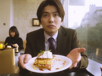 Nozue holds up a plate of dessert.