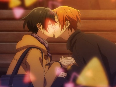 Sasaki and Miyano share a quick kiss in the ending.