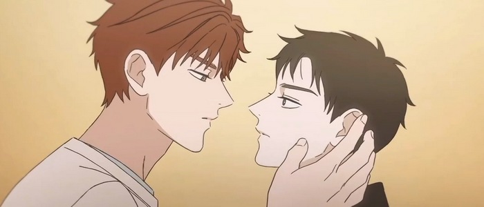 Sangwoo and Jaeyoung stare into each other's eyes in the Semantic Error anime series.