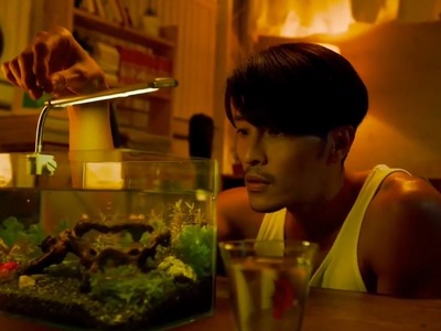 Vic feeds a fish in his fish tank.