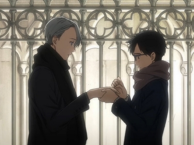 Yuri puts a ring on Victor's finger.