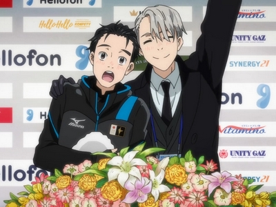 Yuri and Victor celebrate on camera together.