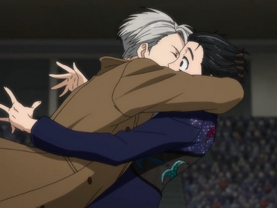 Victor embraces Yuri during a celebratory moment.
